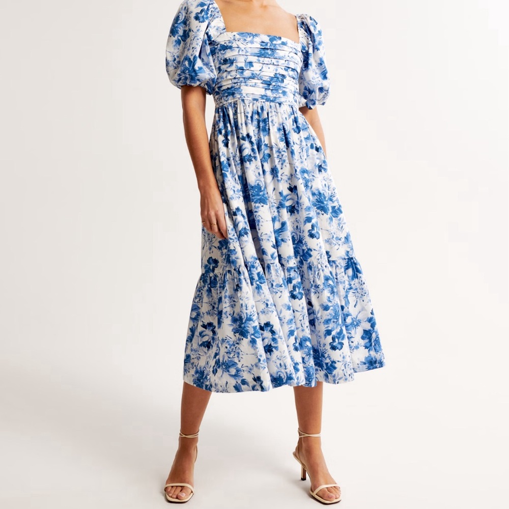 Abercrombie Poplin Puff Sleeve Midi Dress Blue Floral